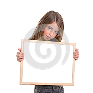 Child girl with white frame copy space white blackboard