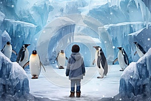 Child glacier iceberg winter penguins. Generate Ai