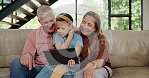 Child, grandparents or tablet as app, gaming or technology as mobile, learning or fun on sofa. Grandpa, grandma or girl