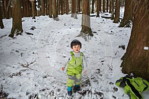 Child in green thermal clothing playing in the snow in the forest