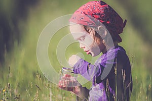 Child in green wild meadow eating wild strawberries. Summer happy times.