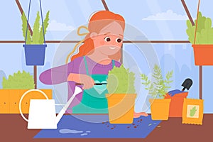 Child growing greenplant in pot, working in home garden, girl holding gardening tool