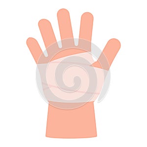 Child hand with bandage. First aid in case of accident, protection in case of burn of skin, physical trauma, wound