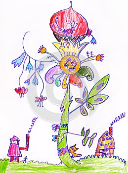 A child hand drawing. A huge fantasy magical flower