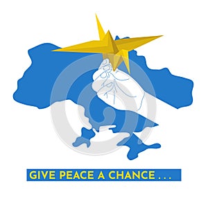 Child hand hold a paper origami crane japanese peace and no atom bomb symbol on Ukraine map silhouette background, give peace a