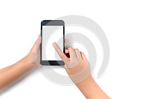 Child hand holding black smartphone and touch on white screen for advertise or banner isolated