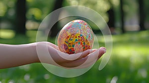 Child Hand Holds Decorated Easter Egg Outdoors