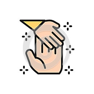 Child hand holds palm of man, donation to children flat color line icon.