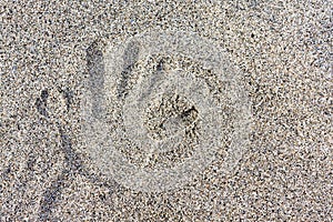 Child hand imprint on the sand