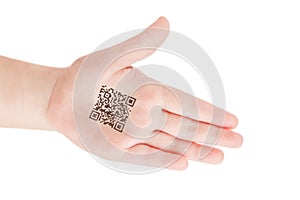 Child hand with QR code of genetic experiments. Clone of DNA and human genome. Artificial intelligence.