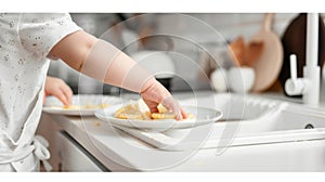 Child hand reaching for dessert in a white kitchen scene