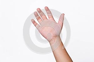 Child hand reaching up ready to help or receive isolated on white background. Helping hand outstretched for salvation