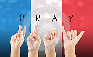 Child hand sign language alphabet pray for Paris with clipping