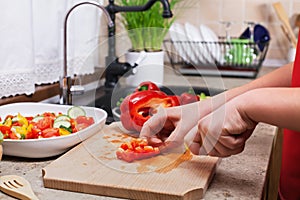 Child hands chopping a red bellpepper for a fresh vegetables sal