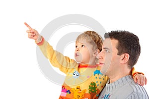 Child on hands at daddy points finger