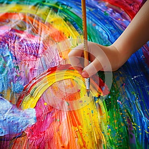 Child Hands Drawing Rainbow, Kids Paint, Little Boy Hands Doing Rainbow Art Homework, Kids Educational