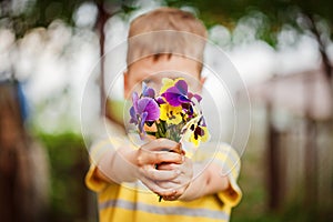 Child hands holding a bouquet pansies flower . Focus for flowers