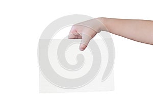 Child hands holding empty white paper isolated