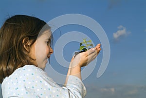 Child hands holding plant