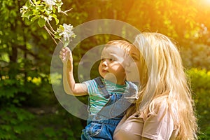 Child in the hands of mother, flowering trees