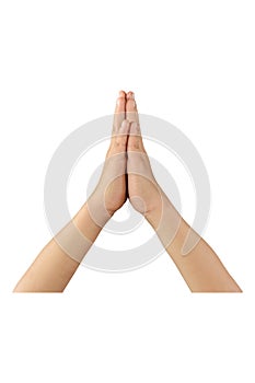 Child hands praying isolated on white background