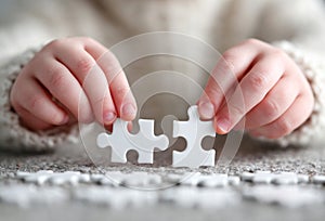 Child hands connecting white jigsaw puzzle pieces