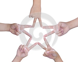 Child hands uniting their to make star shape with fingers, Isolated on white background. Conceptual of teamwork