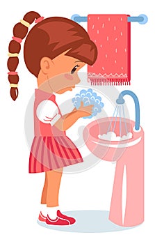 Child handwashing. Cartoon girl wetting hands in basin