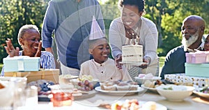 Child, happy birthday and blow candles in outdoor celebration, party and cake or singing at park. Black family