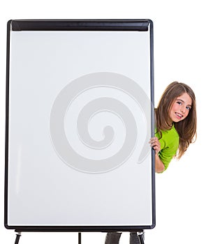 Child happy girl with blank flip chart white copy space