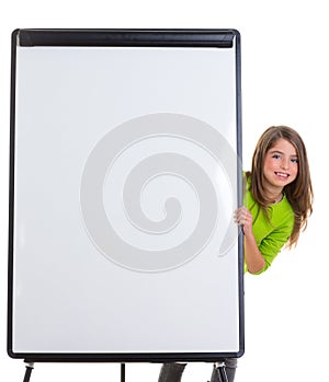 Child happy girl with blank flip chart white copy space