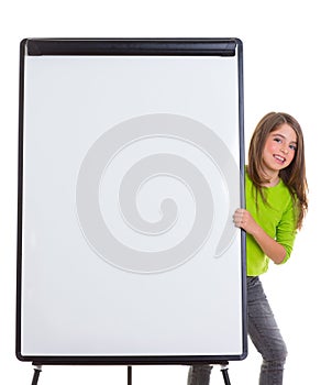 Child happy girl with blank flip chart white copy space