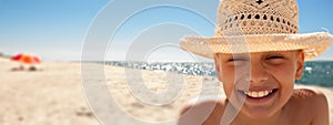 Child happy panoramic beach background summer vacations