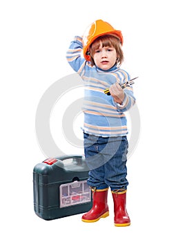 Child in hardhat with tools