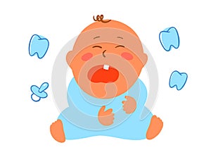 The child has the first tooth, crying baby. Flat style. Teeth and soother.