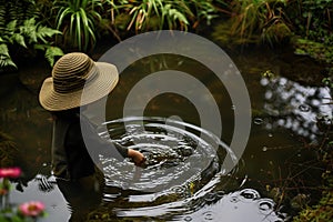 child in hat making rain ripples in pond