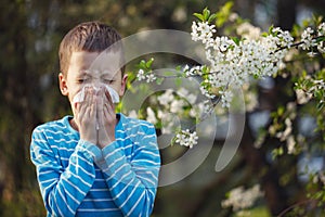 Child having allergy. Boy sitting outdoor with tissue in park near blooming flowers. photo