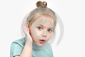 Child with hearing problem on white background empty copy space. Hearing loss, symptoms and treatment concept
