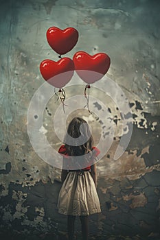 Child with heart-shaped balloons, signifying hope and the future through organ donation. Illustration concept of hope