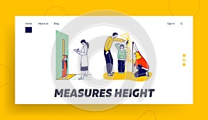 Child Height Measuring Landing Page Template. .Doctor Character Writing in Notebook, Little Girl Stand at Wall