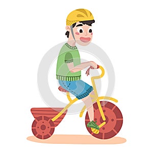 Child with helmet riding a bicycle. Vector illustration