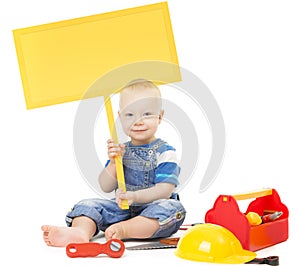 Child holding Banner Sign, Baby Boy Playing Toys Tools, White