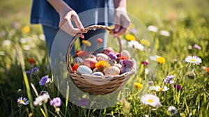 Child holding basket of colorful Easter eggs in sunny garden, eggs hunting