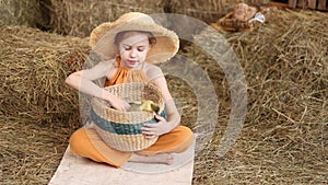 Child holding a basket of ducks