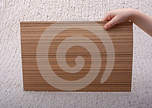 Child holding a blank wooden board in his hands.  Empty frame for text