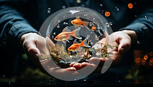 Child holding goldfish in fish tank underwater generated by AI