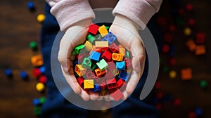 A child holding a handful of colorful toy building blocks in their hands, AI