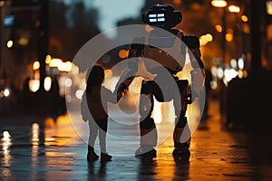 Child holding hands with humanoid robot in city