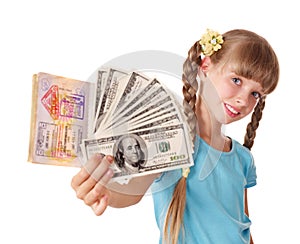 Child holding international passport and money.