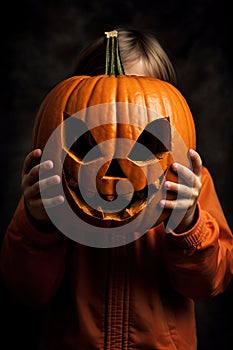 Child holding Jack O Lantern pumpkin. Happy Halloween. Trick or Treat. Ai Generative